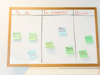 whiteboard kanban board with to do, in progress, and done columns
