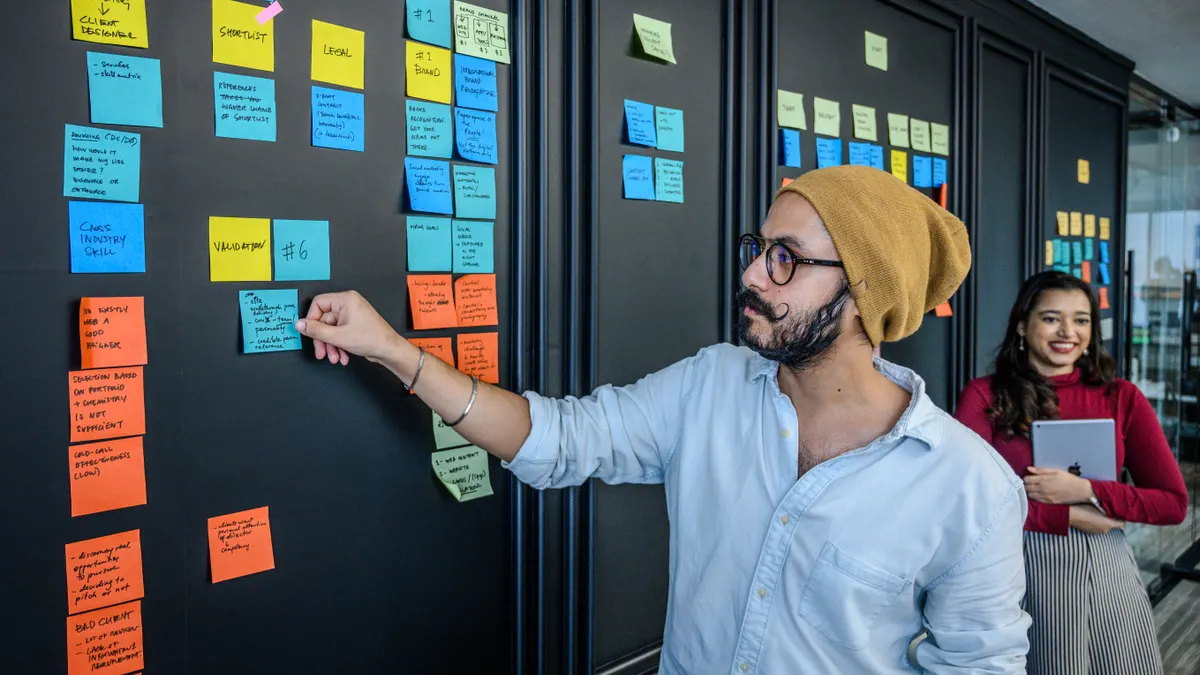 team placing sticky notes on a planning board