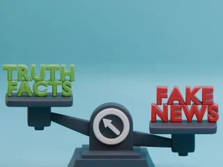 Truth vs fake news scales on a blue background