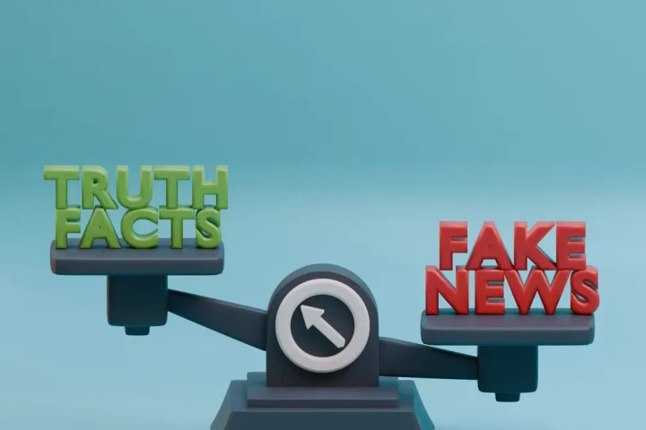 Truth vs fake news scales on a blue background